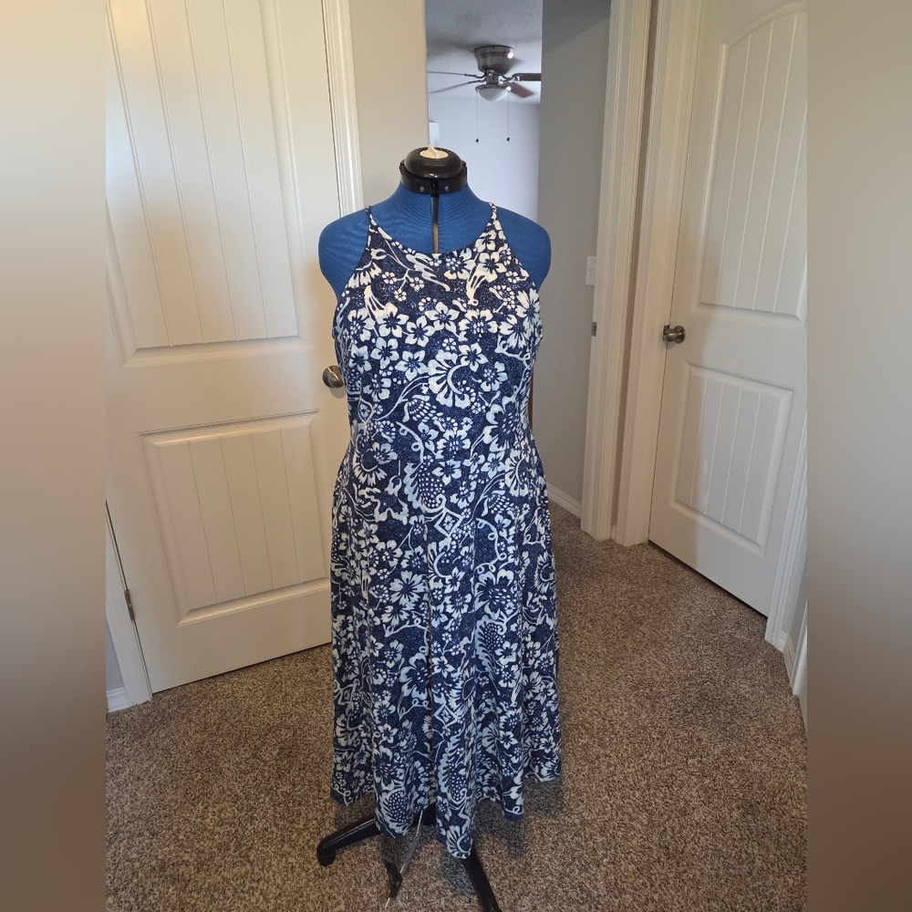 Chaps Navy and White Floral Halter Maxi Dresss XL